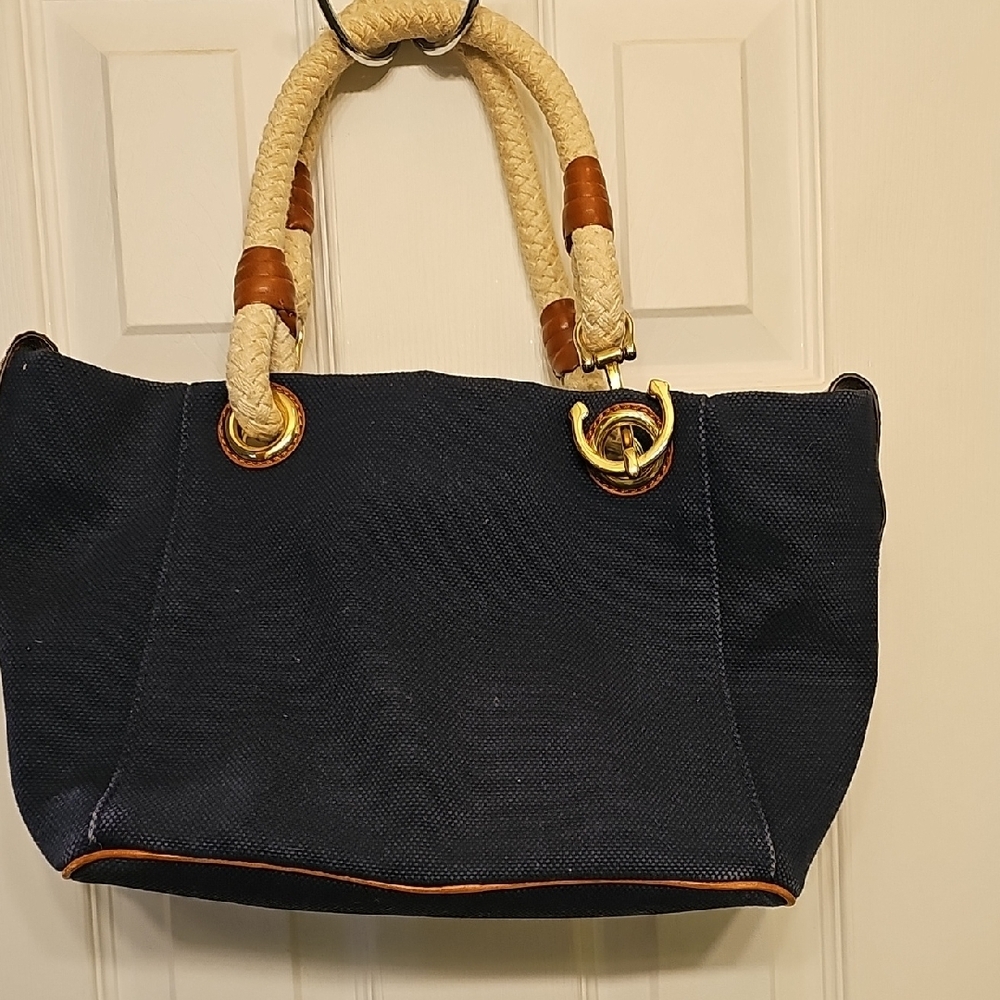 Michael Kors Navy Canvas Tote with Cream Rope Handles and Gold-Tone Hardware - Picture 3 of 10
